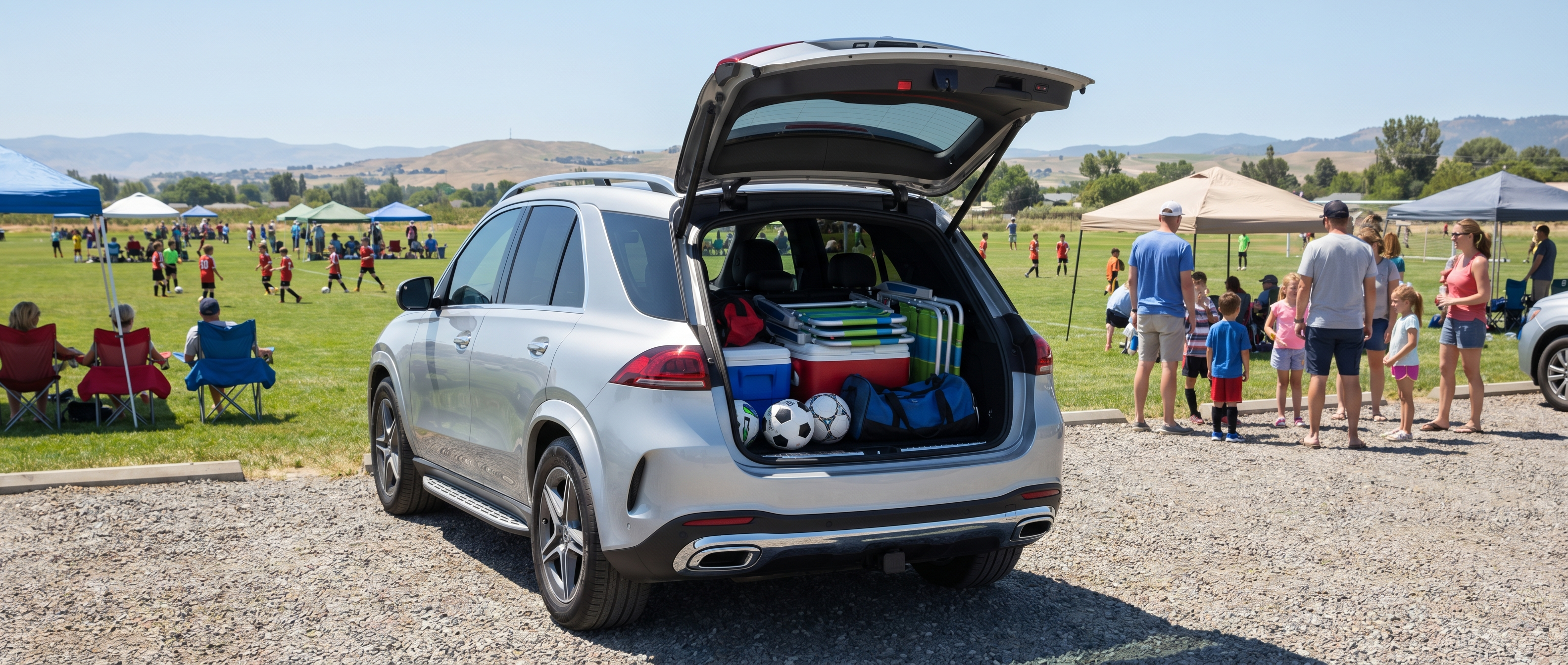 Mercedes-Benz GLB and GLE SUVs at Gwinnett sports complex for summer tournaments